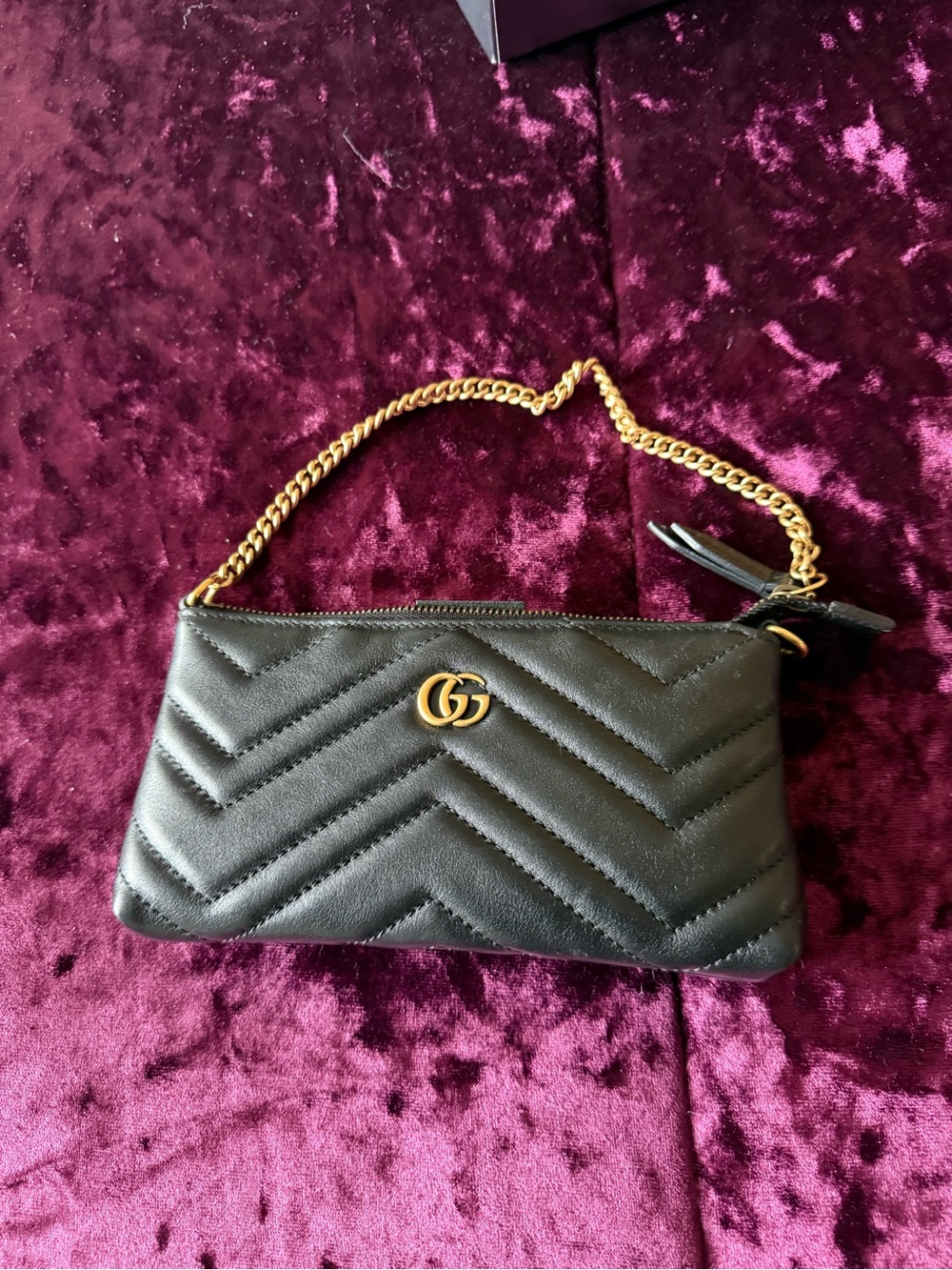 Gucci Black Chevron Matelassé Leather Wristlet with Gold Chain